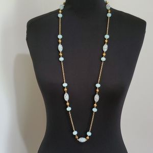 Vintage Seafoam Green & Gold Beaded Necklace - 39"